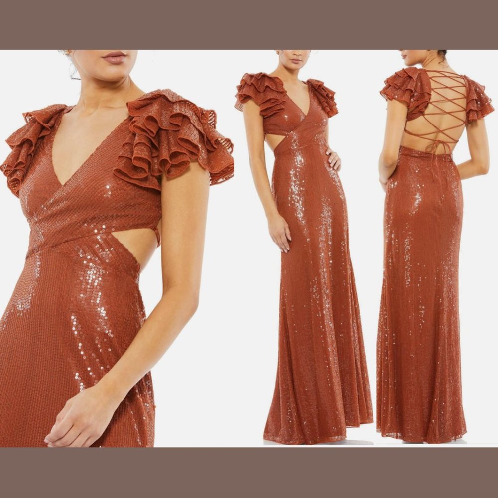 NWT $598 Mac Duggal [ SZ 10 ] Sequined Cut Out Lace Back Gown Brick Orange #Q562